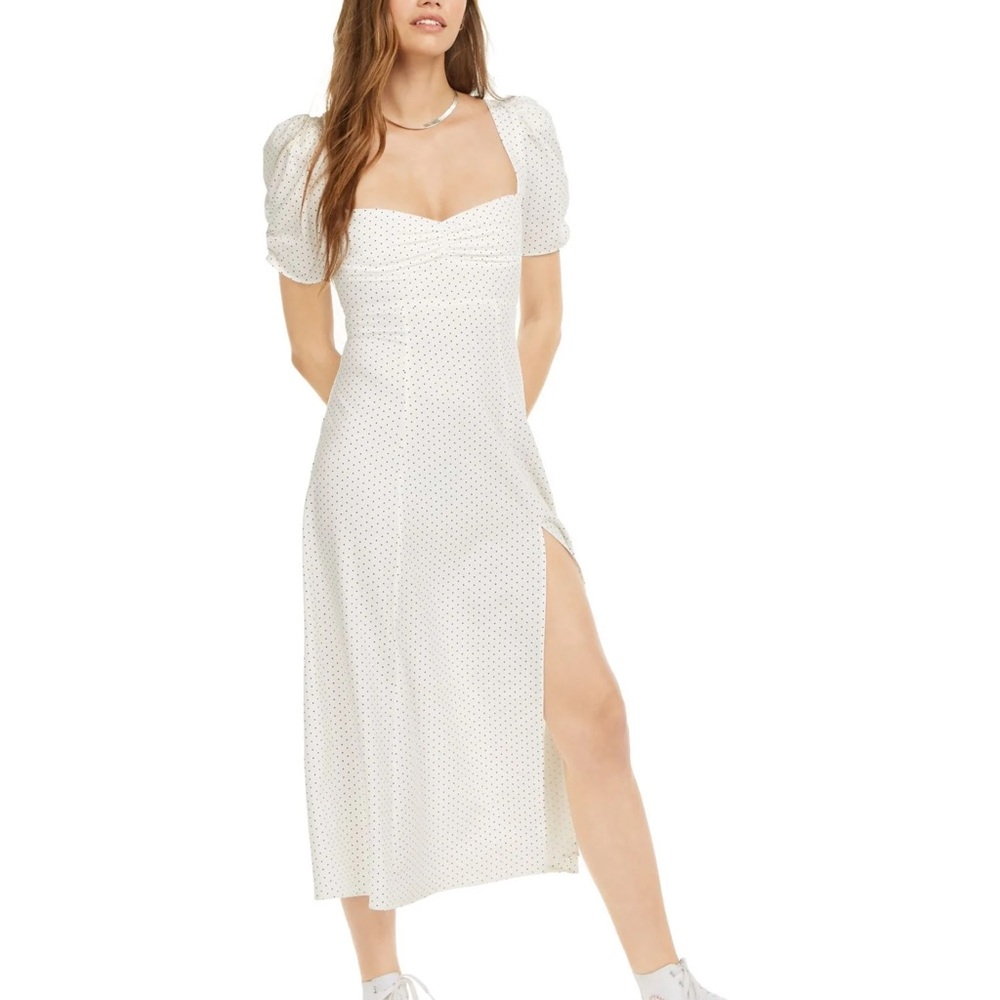 Danielle Bernstein White  Polka Dot Puff-Sleeve Midi Dress with Side Slit